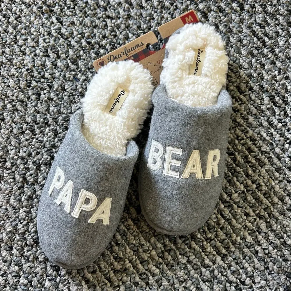 DearFoams Papa Bear Slippers NWT Med 9-10 Furry Memory Foam Gray Lounge Footwear
